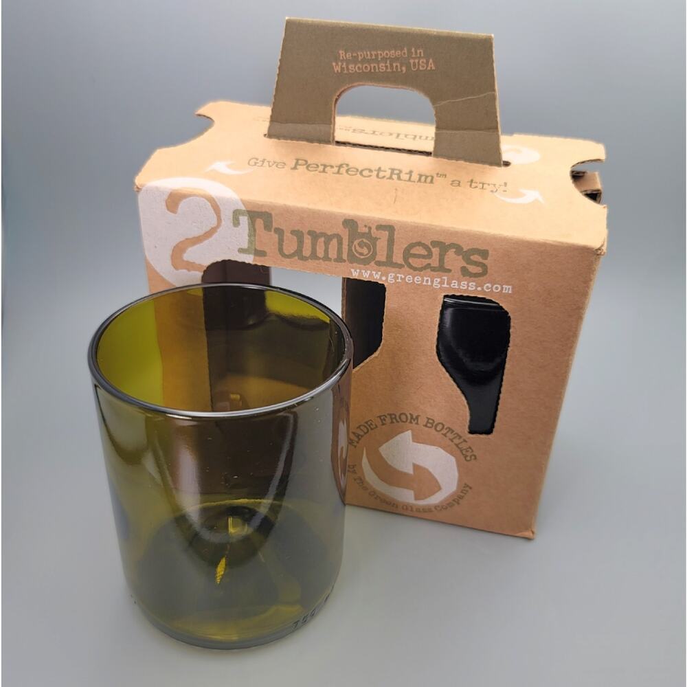 New in Box Set of 2 Green Glass Co Recycled Wine Bottle Tumblers in Olive Green